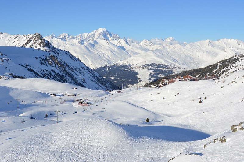 Aerial view of the ski trails at Paradiski, France.