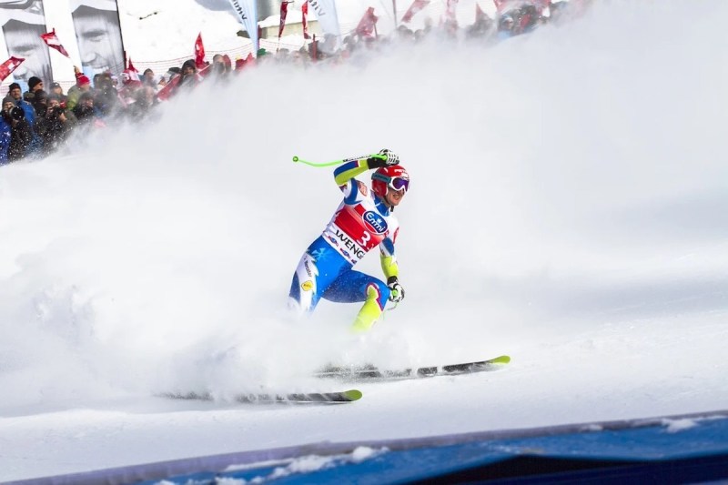 Skier finishing a race.
