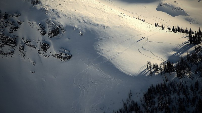 High aerial shot of a massive backcountry ski area.