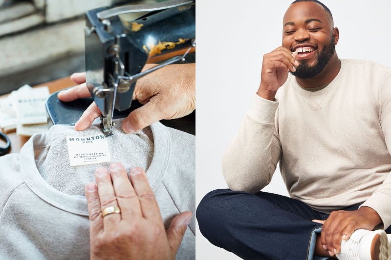Side by side imges of a label being sewn into the color of a sweatshirt and a man wearing the same sweatshirt as part of the Stitch Fix Knits line. 