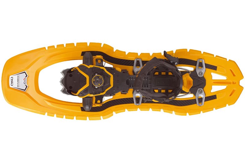 TSL Symbioz Hyperflex Adjust All-Terrain Snowshoes in Apricot color on a white studio background.