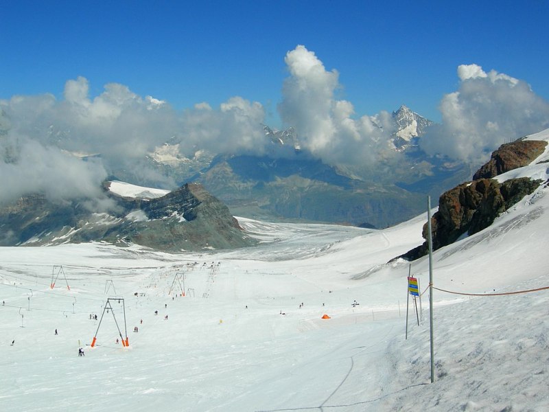 Looking down a ski trail at Matterhorn Ski Paradise, Switzerland.