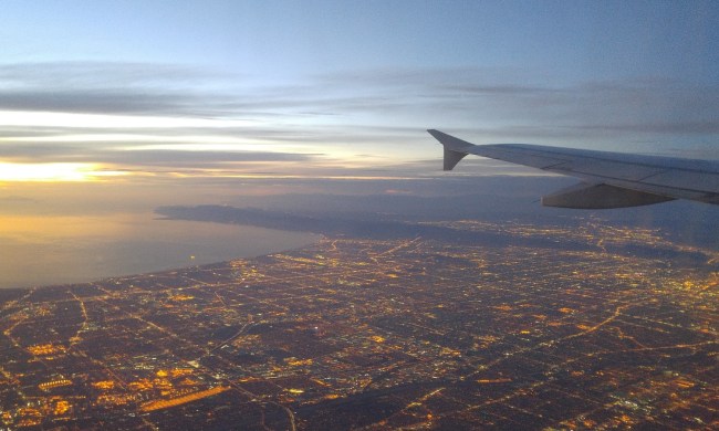 A view outside the airplane during sunset