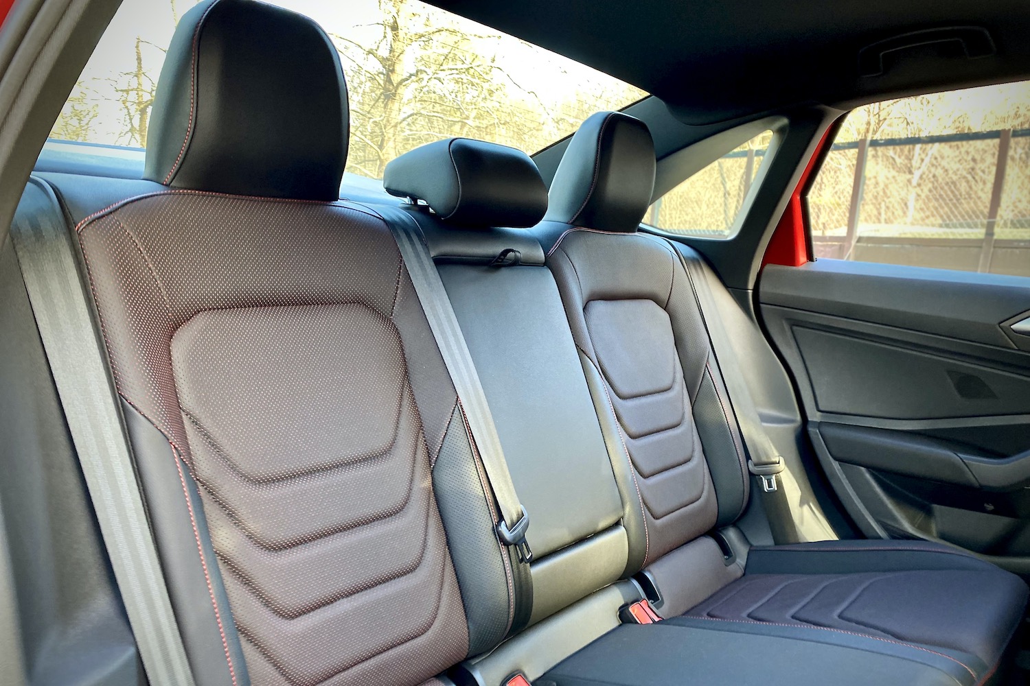 Close up of 2022 Volkswagen Jetta GLI rear seats from the passenger side.