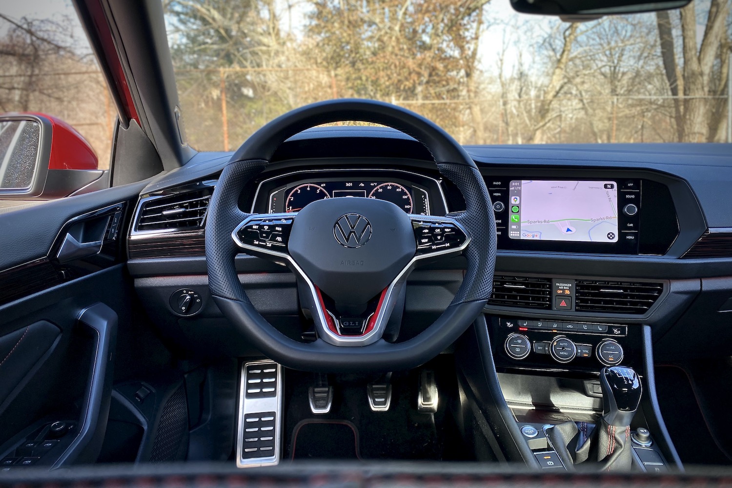 Close up of steering wheel in 2022 Volkswagen Jetta GLI from driver's seat.