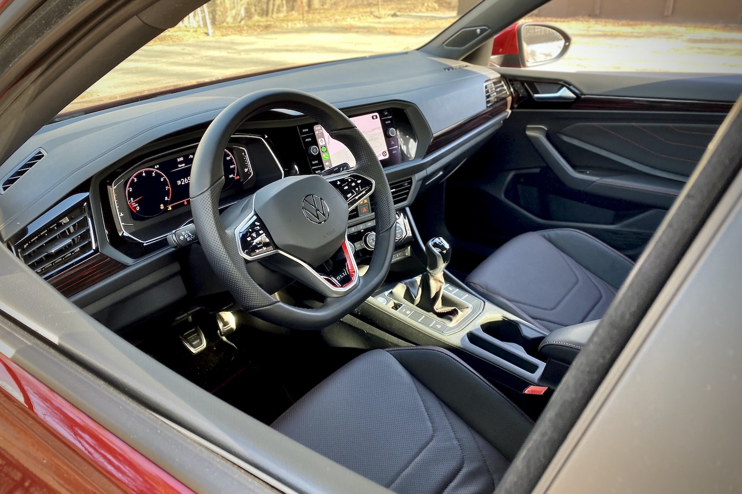 Dashboard and steering wheel in 2022 Volkswagen Jetta GLI from outside.