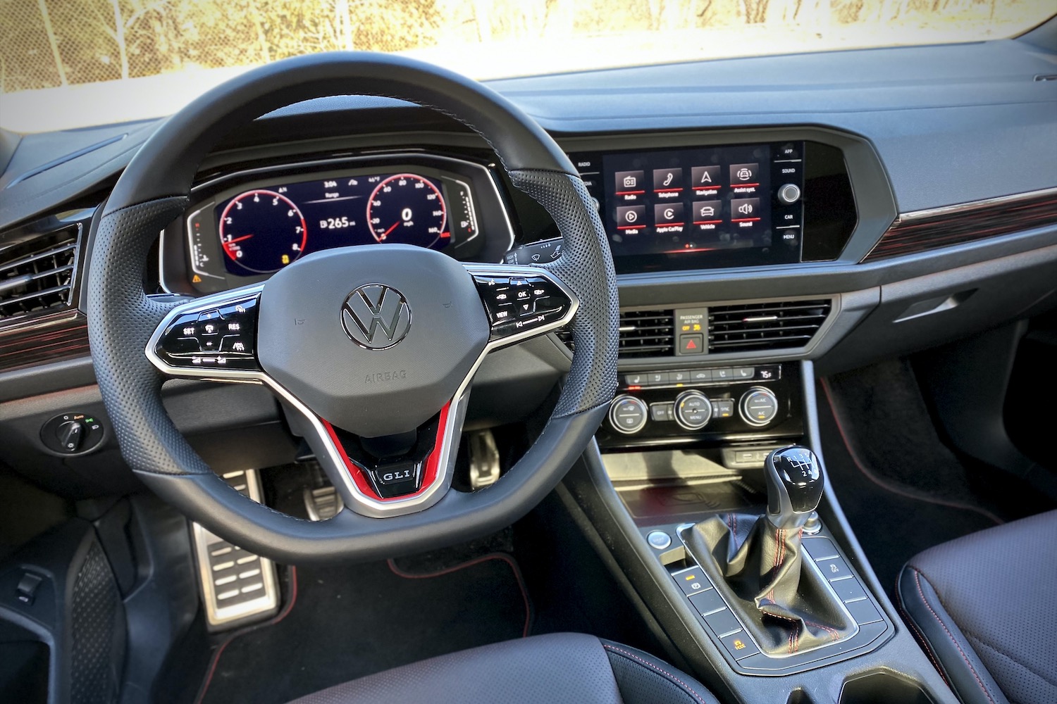 2022 Volkswagen Jetta GLI close up of steering wheel from driver's seat.