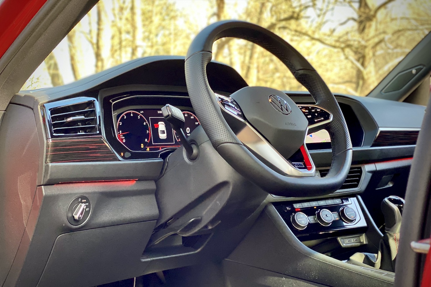 2022 Volkswagen Jetta GLI close up of steering wheel from outside.