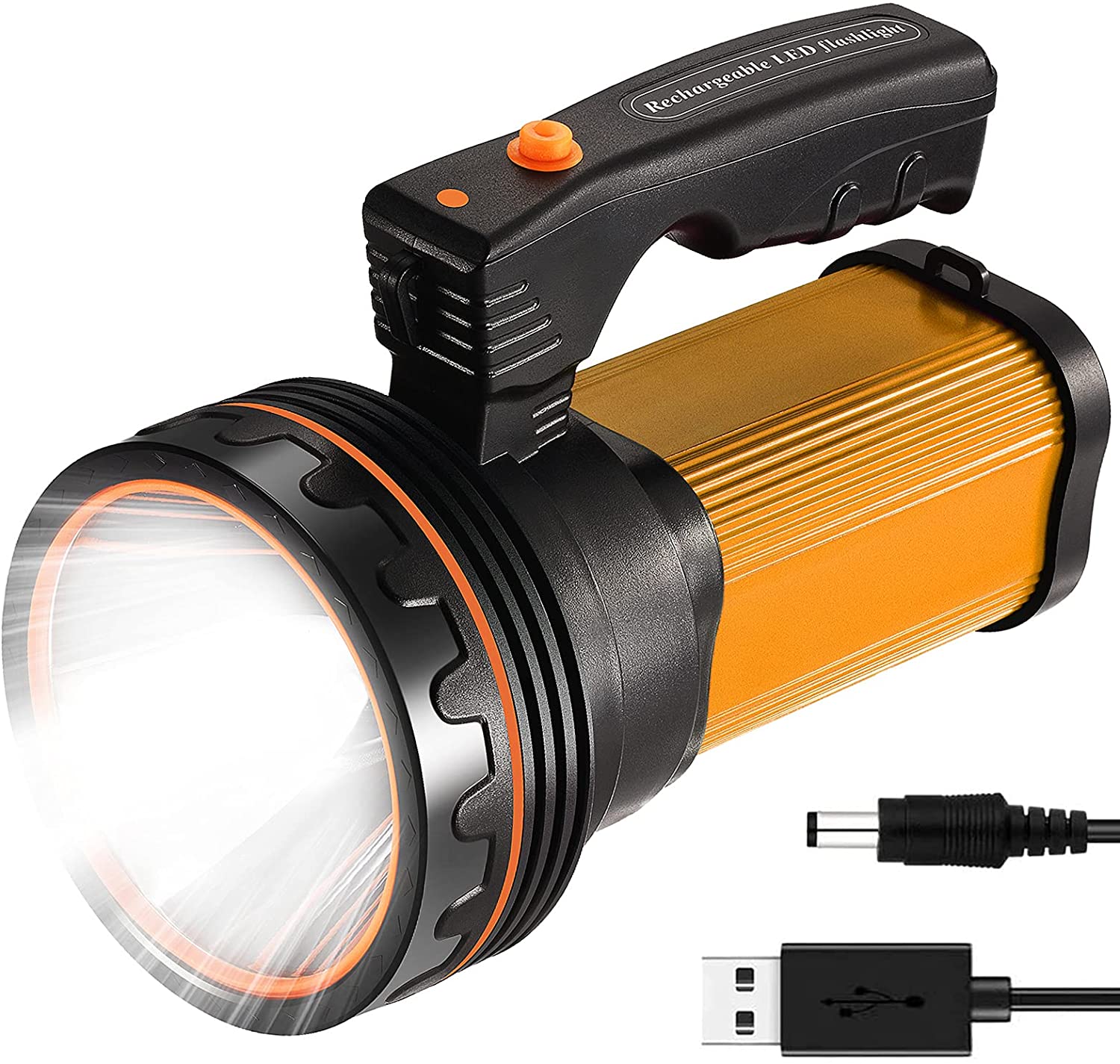 CSNDICE 35W Rechargeable Handheld Flashlight and charger cable on white background.