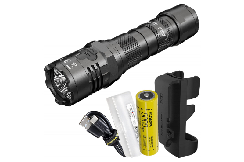 Nitecore P20iX and battery charger pack on a white background.