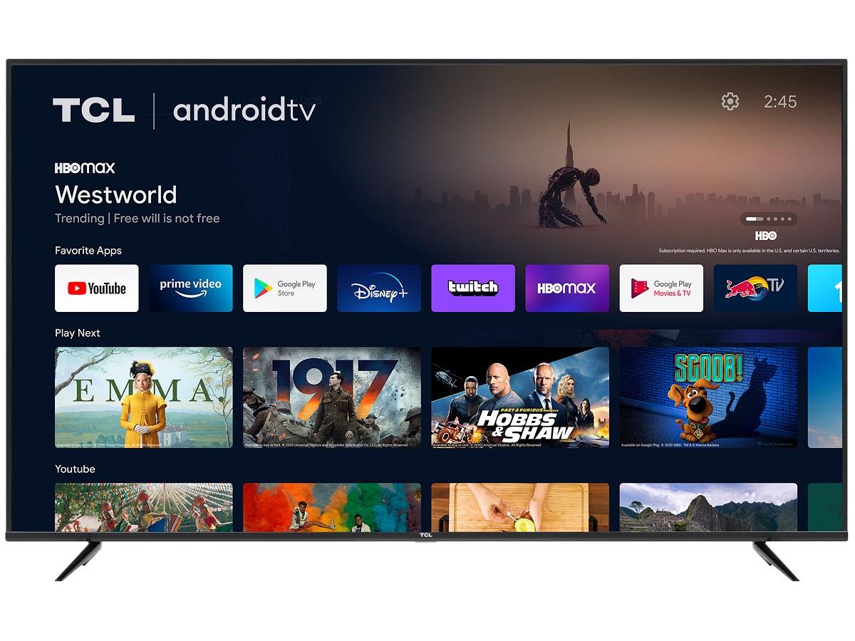 The TCL 4-Series 4K TV with the Android TV interface on the screen.