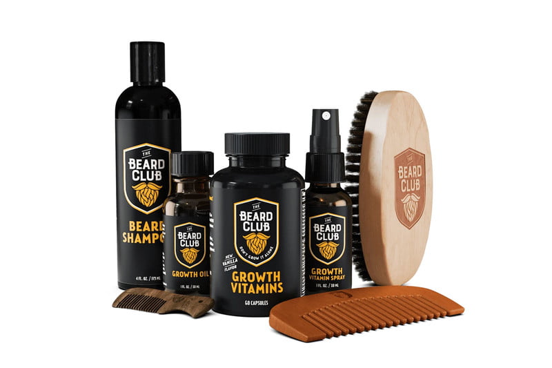 Beard growth oil and kit on a white background.