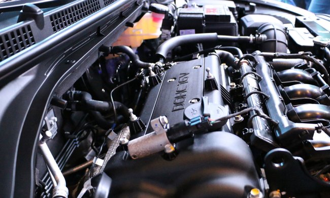 Closeup of a vehicle engine.