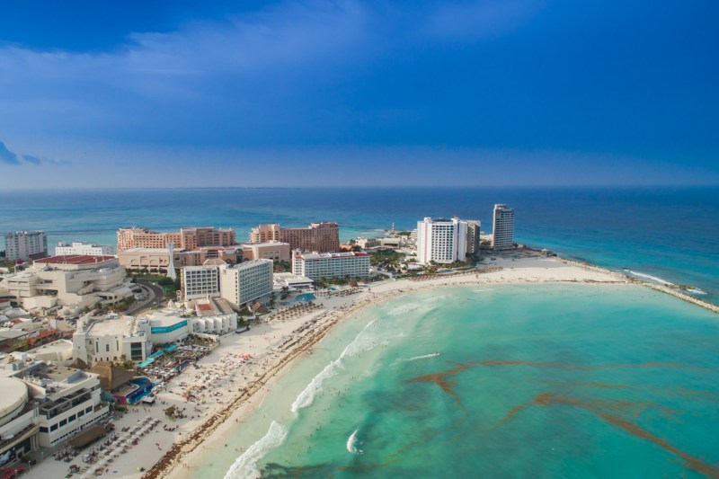 An aerial drone shot of Cancun's Hotel Zone.