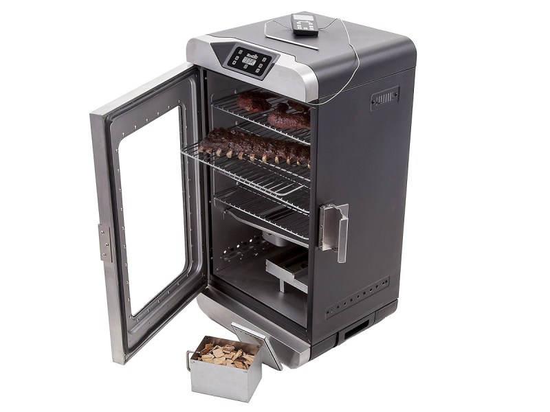 The Char-Broil Deluxe Digital Electric Smoker with ribs and wood chips.