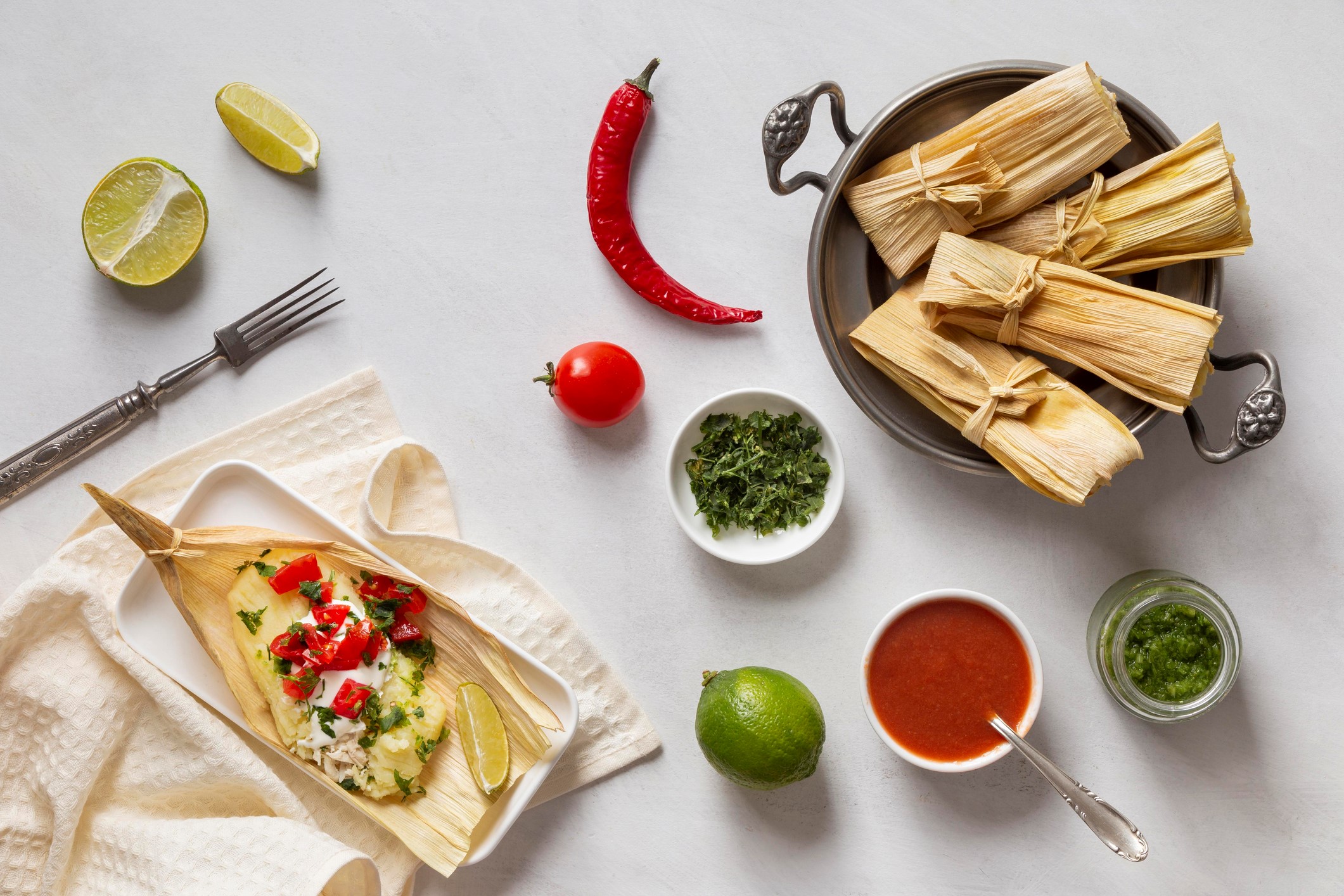 Tamales, peppers, and other ingredients