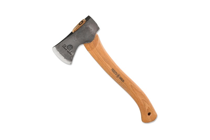 A wooden handled Hults Bruk Almike Hatchet on a white background.