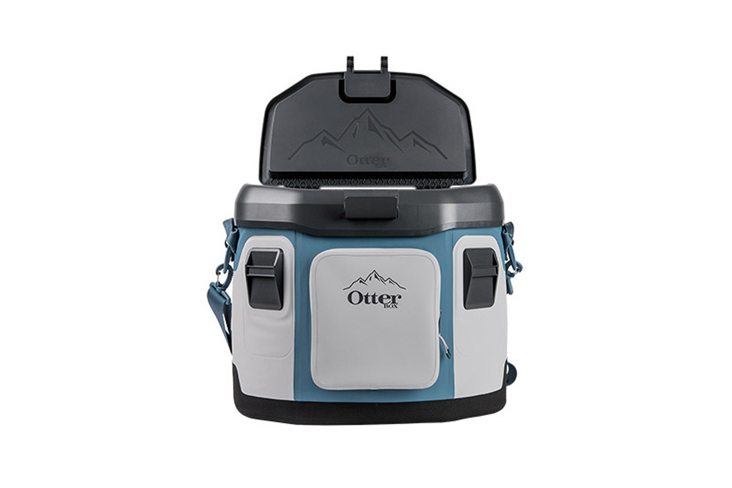 An Otterbox Trooper Cooler in blue and gray on plain background.
