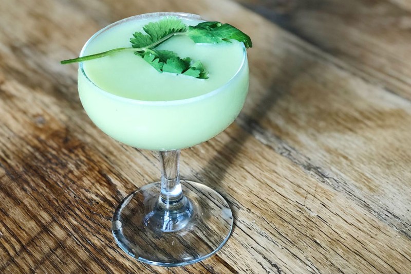 A glass of Pajaro Verde garnished with orange bitters on wooden table.