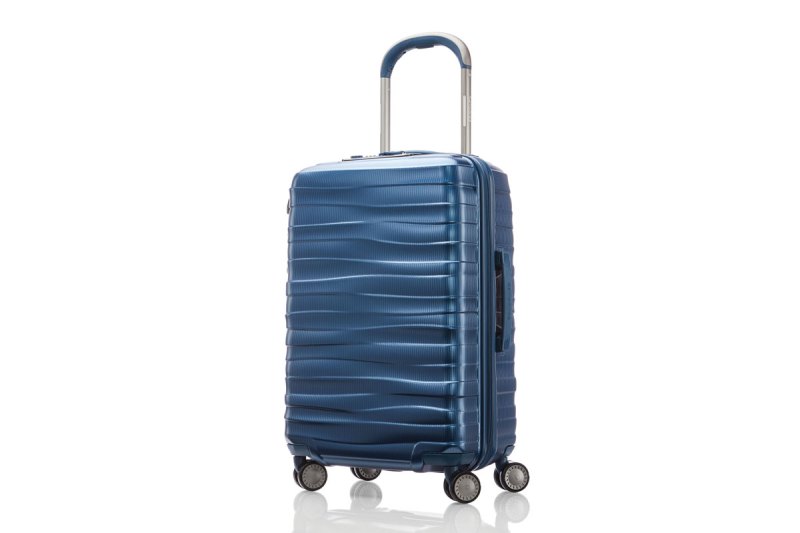 A Stryde 111 22x14x9 Carry-On Spinner in Metallic Blue on a white background.