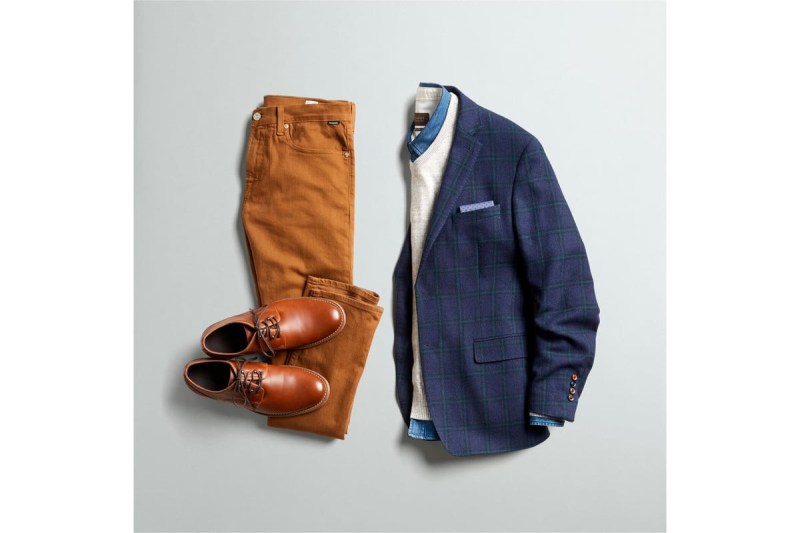 stitch fix business casual outfit with blazer, sweater, collared shirt, trousers, and dress shoes.