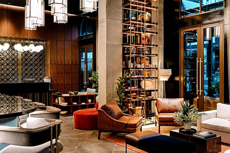 The inside bar and plush lobby at the Marquee Medellín.