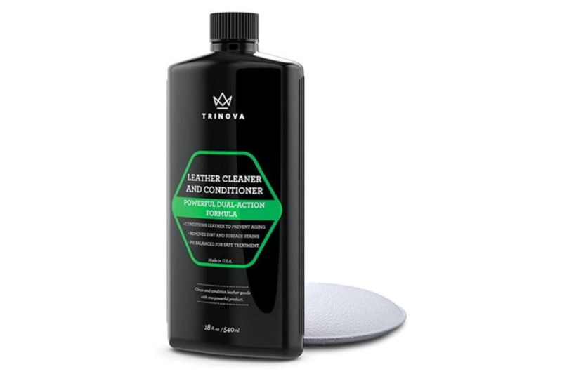 A bottle of TriNova Leather Cleaner and Conditioner in the studio.