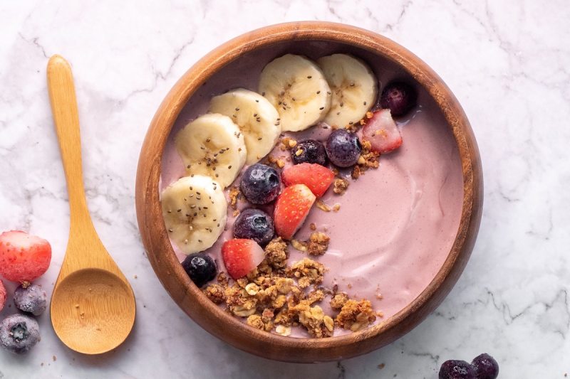 Bowl of strawberry yogurt.