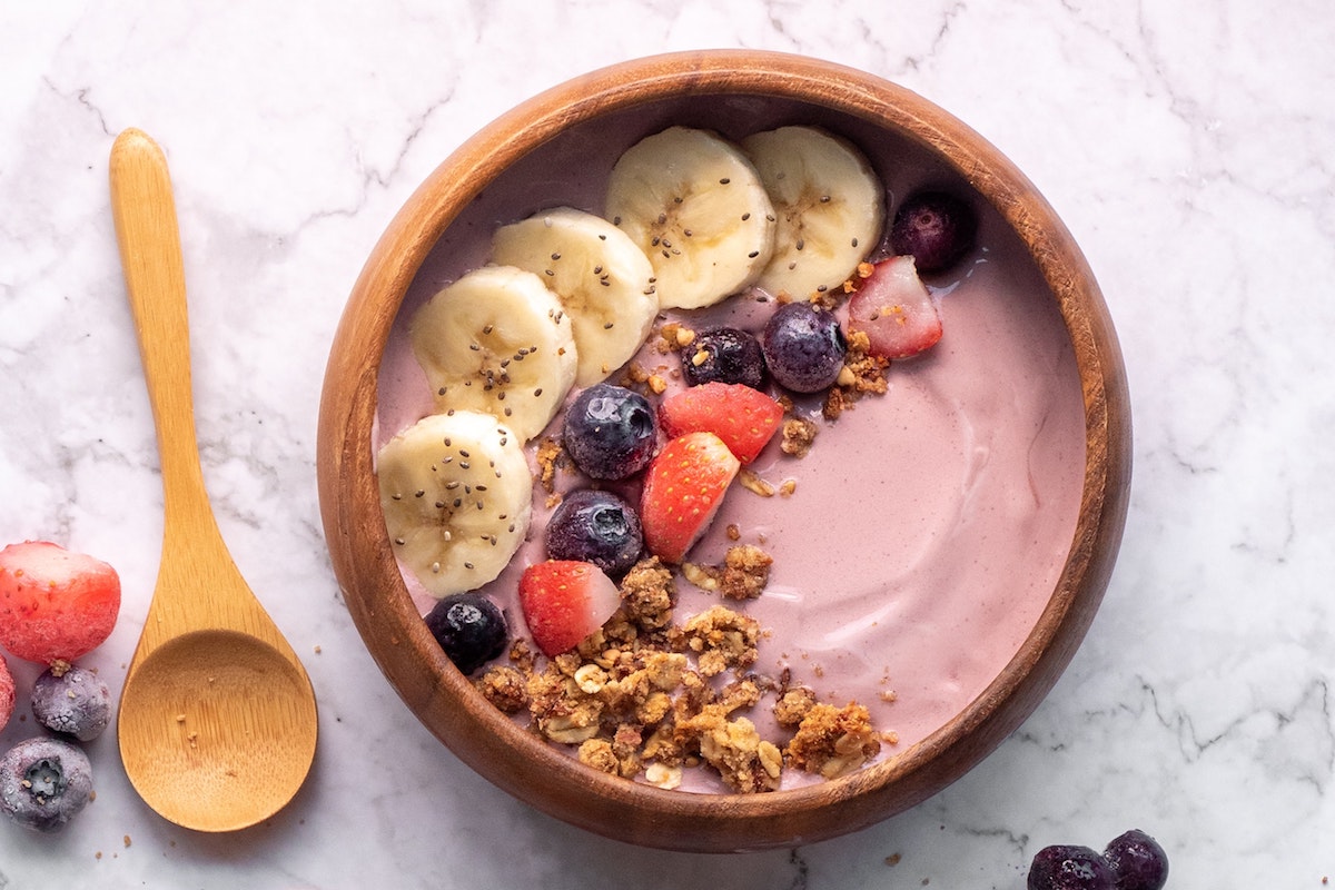 Bowl of strawberry yogurt.