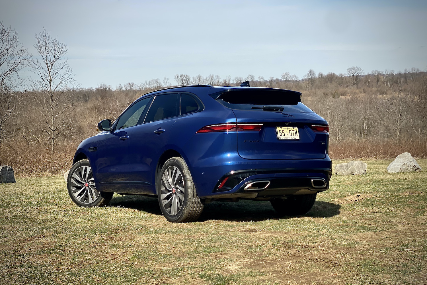 2022 Jaguar F-Pace R Dynamic S rear end in a grassy field with trees in the back.