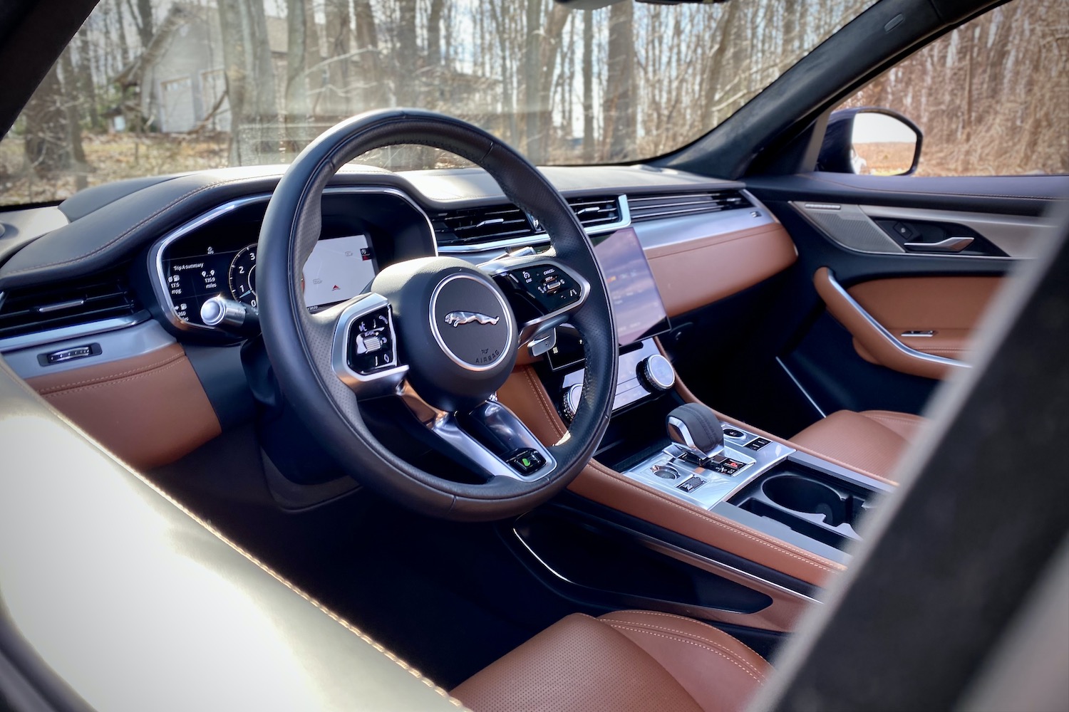 2022 Jaguar F-Pace R Dynamic S close up of steering wheel from outside driver's side.