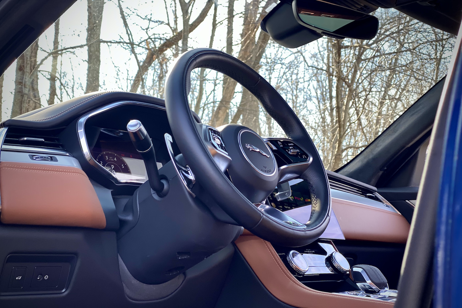 Close up of 2022 Jaguar F-Pace R Dynamic S steering wheel with door open from outside car.