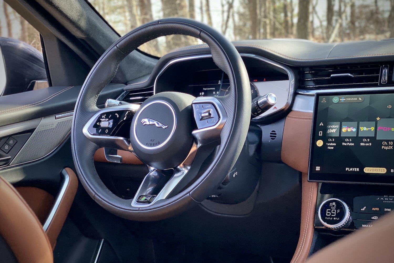 Close up of 2022 Jaguar F-Pace R Dynamic S steering wheel.