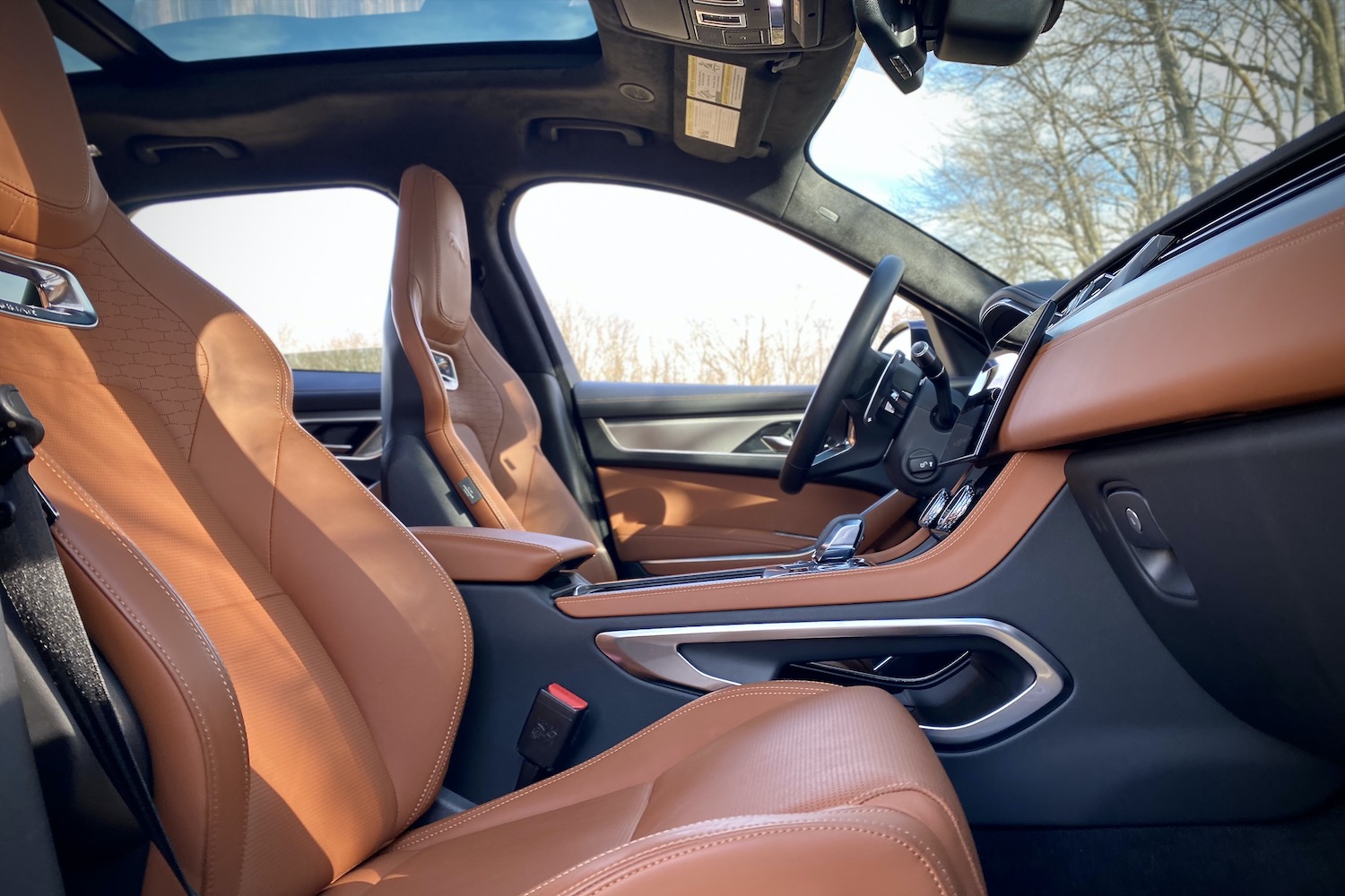 Side profile of front seats in 2022 Jaguar F-Pace R Dynamic S from outside of car.