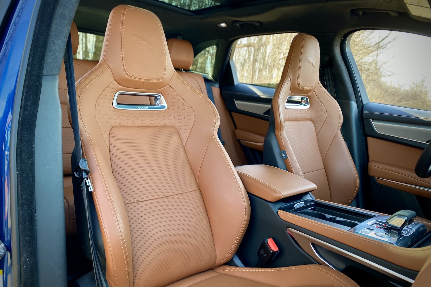 Front passenger's seat in 2022 Jaguar F-Pace R Dynamic S from outside car.