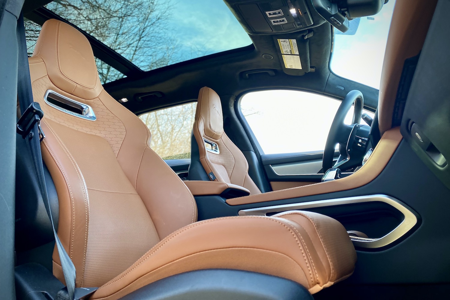 Close up of front passenger's seat in 2022 Jaguar F-Pace R Dynamic S from outside the car.