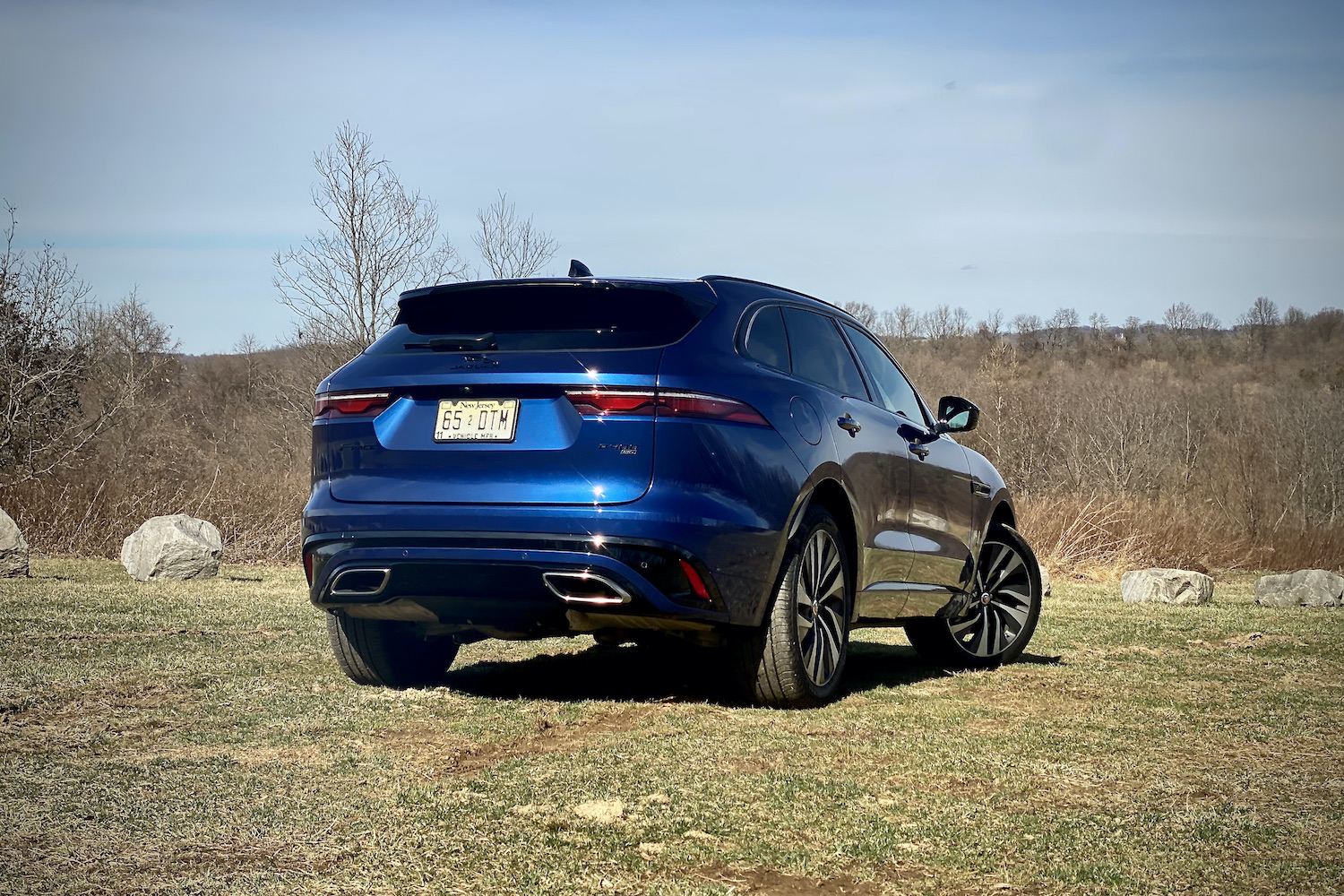Rear end of 2022 Jaguar F-Pace R Dynamic S from passenger's side in a grassy field.