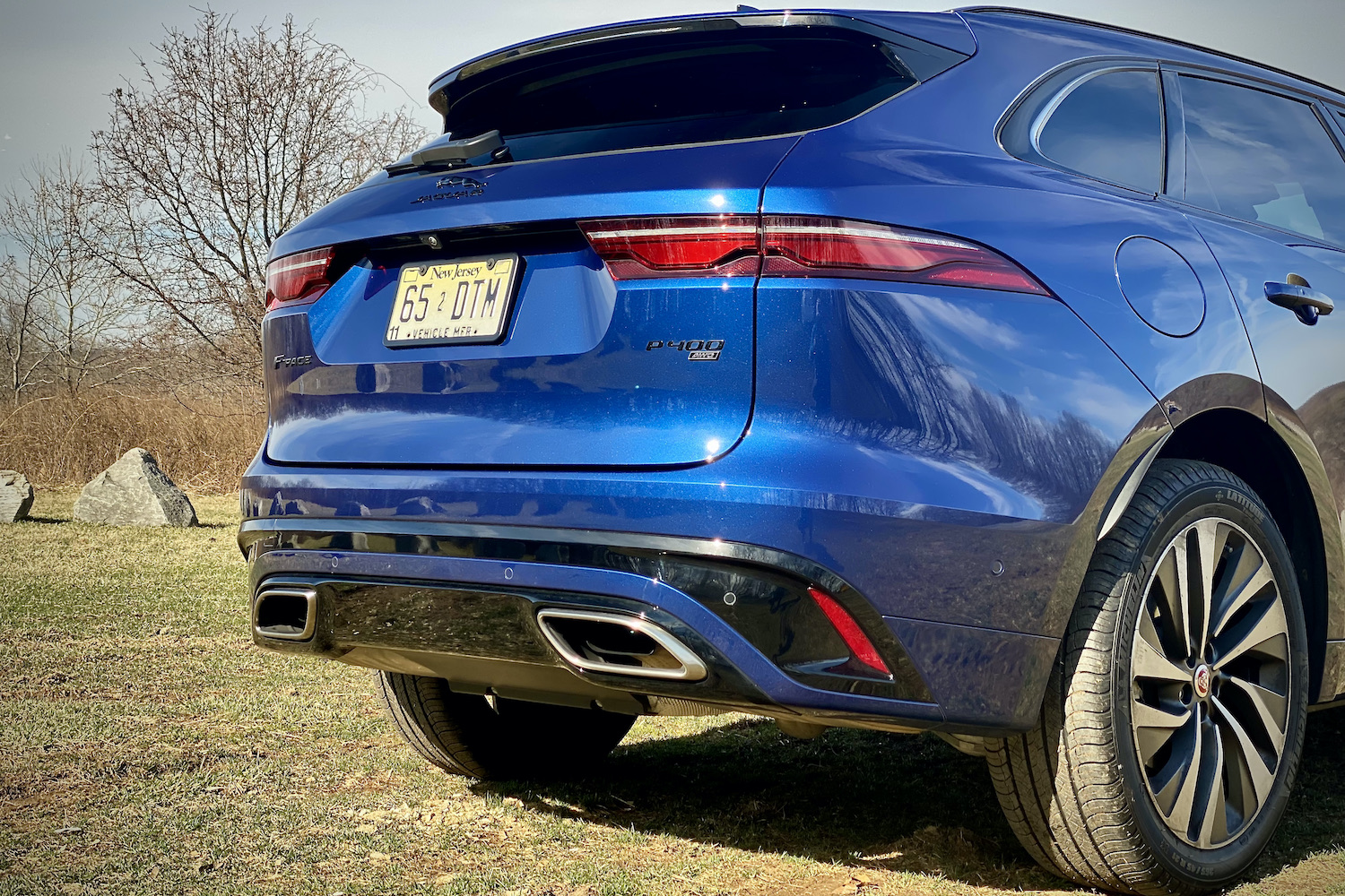 Close up of 2022 Jaguar F-Pace R Dynamic S rear end in a grassy field.