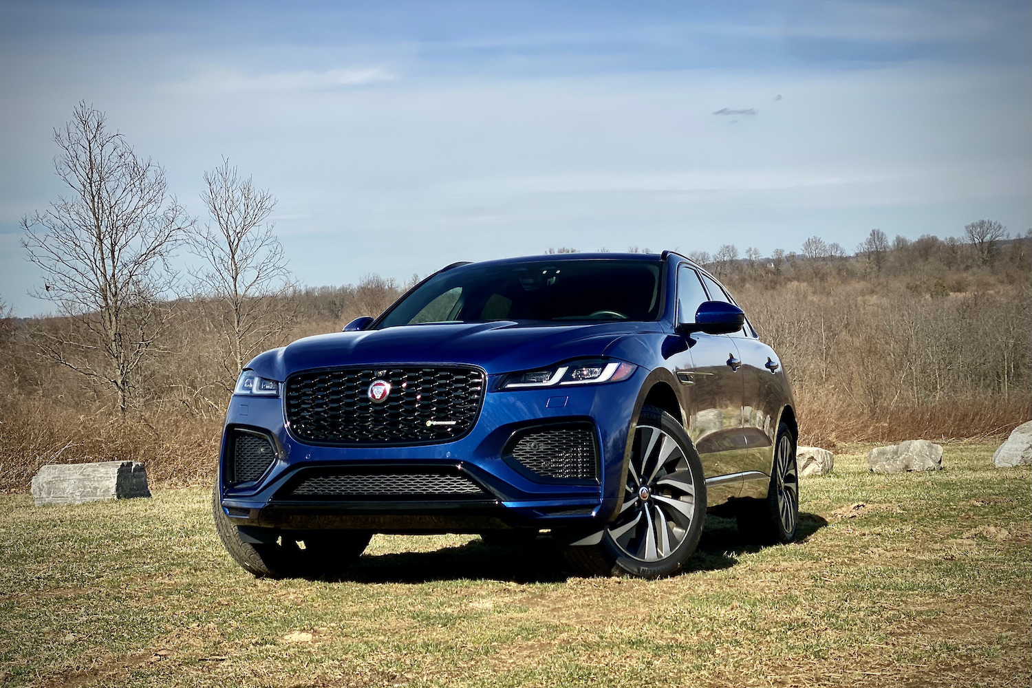 2022 Jaguar F-Pace R Dynamic S front end angle from driver's side in a grassy field.