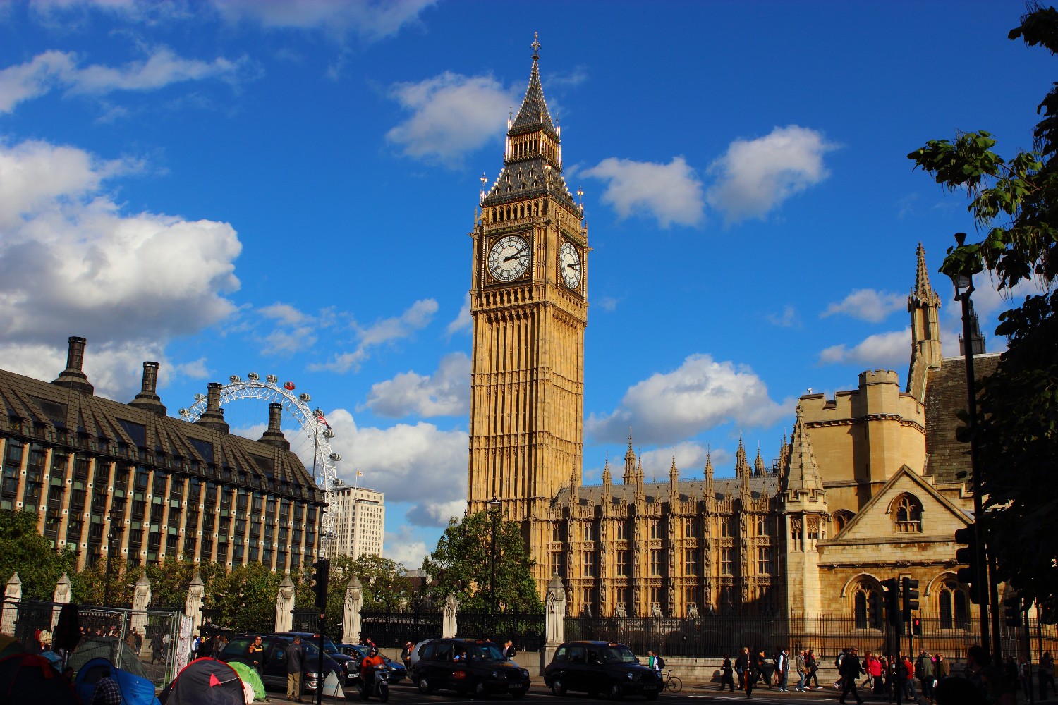 Big Ben, the U.K. Parliament, and the London Eye in London, England, U.K.