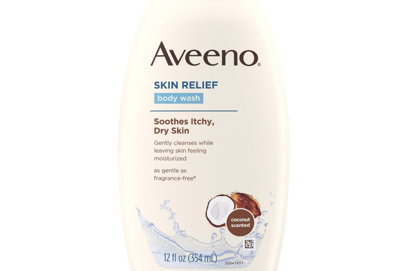A close-up of a bottle of Aveeno body wash.