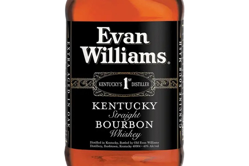 A close-up of a bottle of Evan Williams Black Label whiskey.