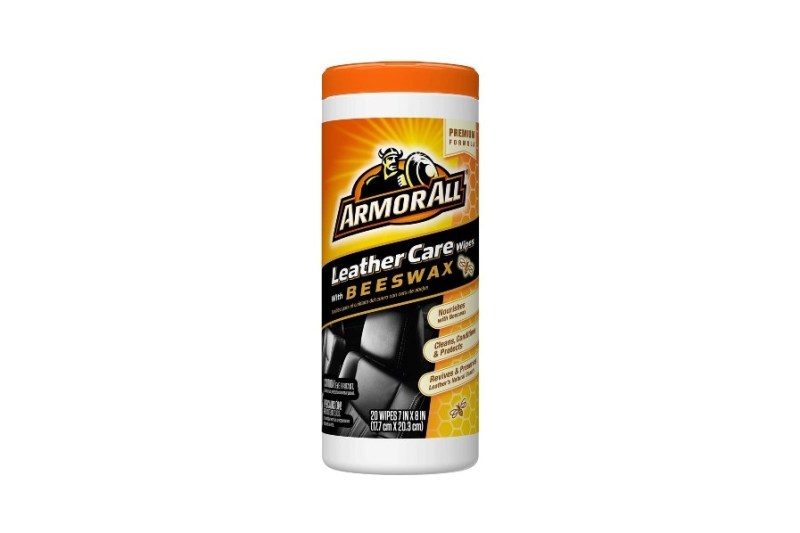 A bottle of Armor All Car Interior Cleaner Leather Wipes.