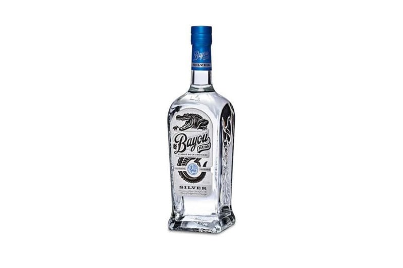 A bottle of Bayou Silver Rum on plain background.