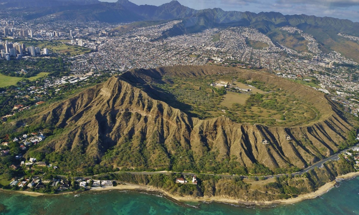 An aerial view of Diamond Head in Honolulu, Hawaii.