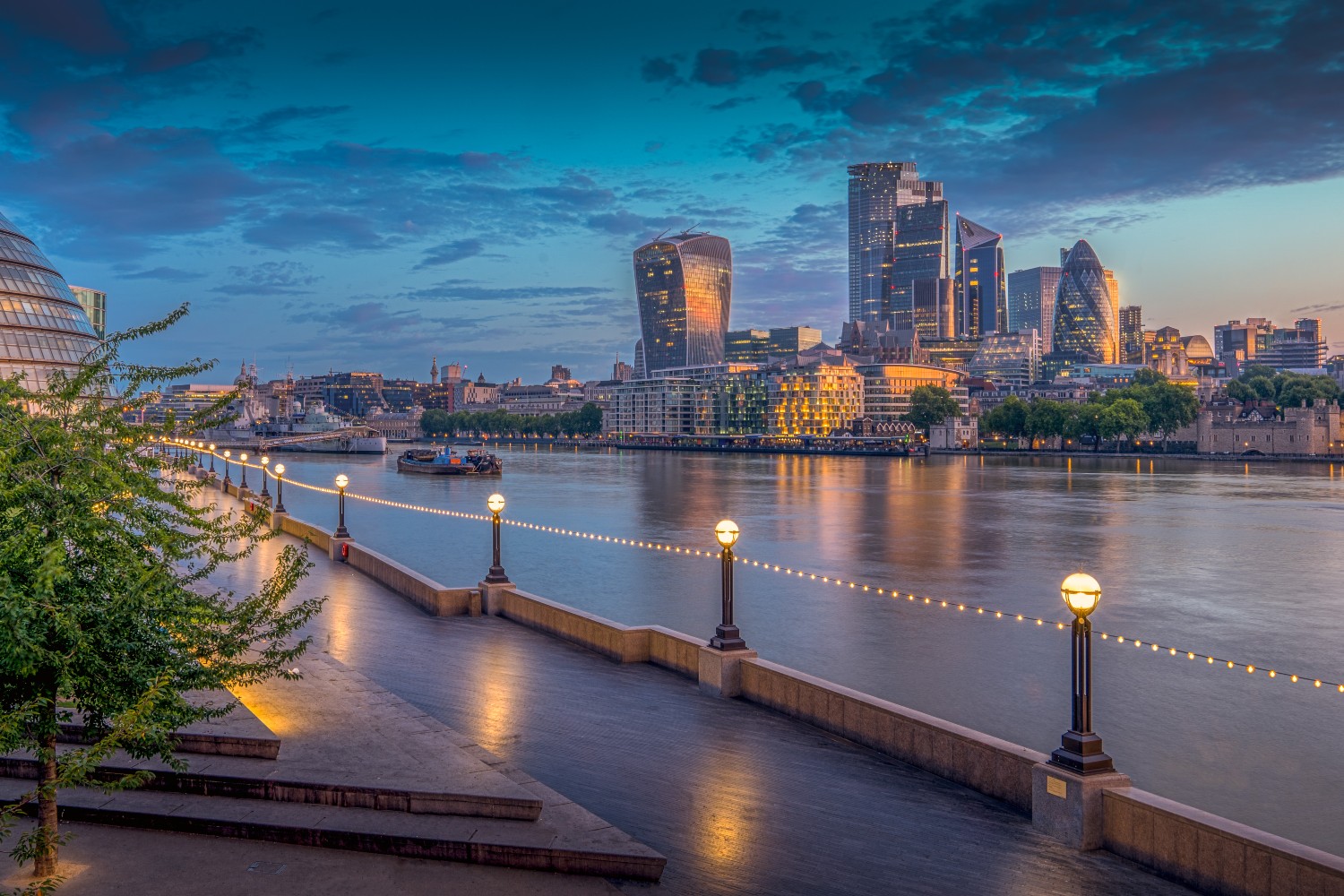 The skyline of the City of London at dawn in London, England, U.K.