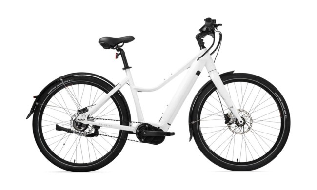 White Priority Current ebike against a white background.