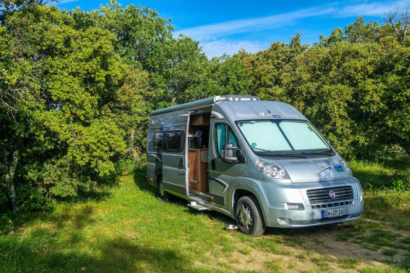 Self-contained RV camping on a farm.