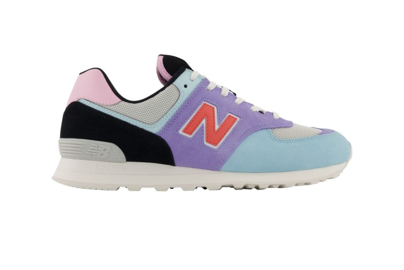 New Balance 574 LDG Ma Divina with orange, purple, pink, black, and sky blue accents.