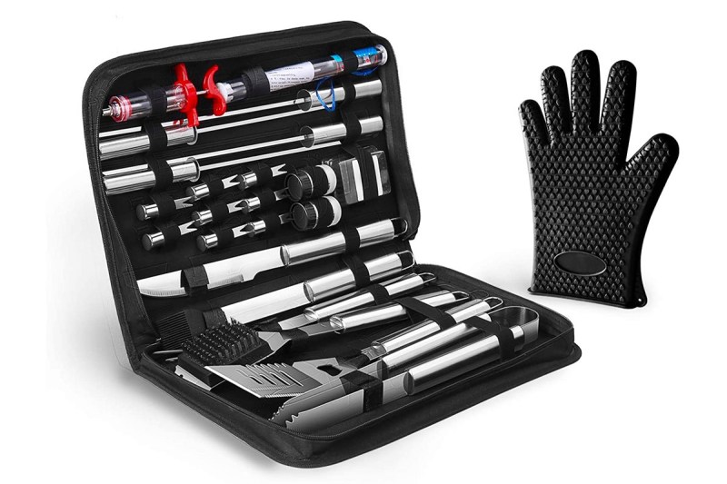 A case displays the 25-piece OlarHike grilling accessories set.
